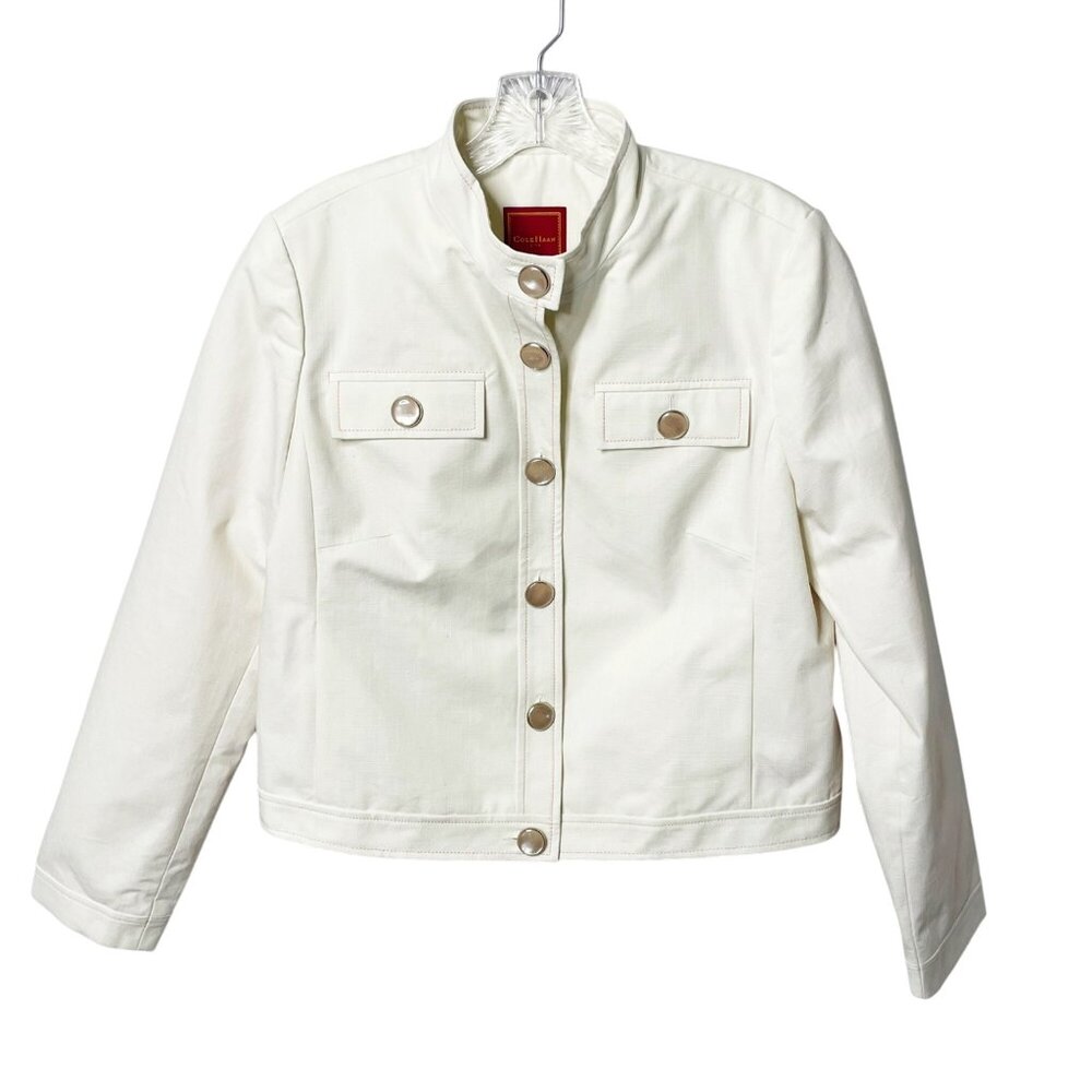 Cole Haan City Women's Jacket Sz 12 Cream Lightweight Button Front Pink Buttons